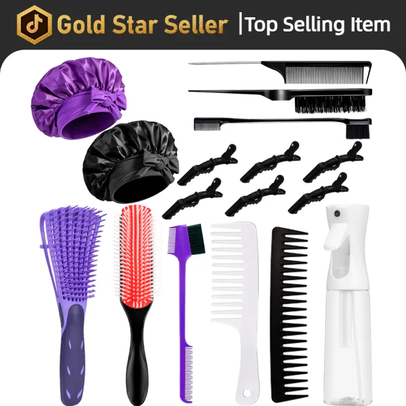 New launch of new pink hair dye brush set 16 wide tooth combs hair detangling comb satin equivalent brush edge tool set for curly hair styling Purple,valentine's day gifts for her/him