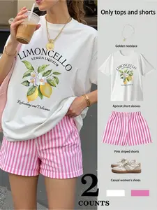 Women's Milk Silk Fabric Breathable Comfort Fitted T-Shirt Round Neck Short Sleeve, Rose Striped Shorts Lemon Pattern Summer Beach Casual Womenswear