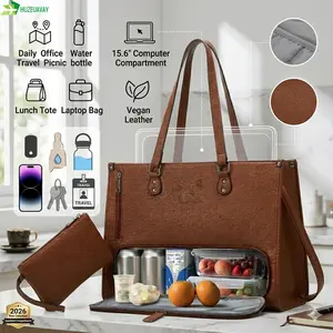 2026 New Lunch Tote Bag with Insulated Compartment for Women Work, Vegan Leather Laptop Bag with 15.6" Computer Compartment Small Purse for Daily Office Travel Picnic