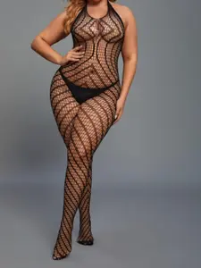 Sexy Plus Size Women's Halter Wavy Fishnet Mesh Bodystocking, Sheer Bodycon for Club & Date Night, All Seasons Fashion