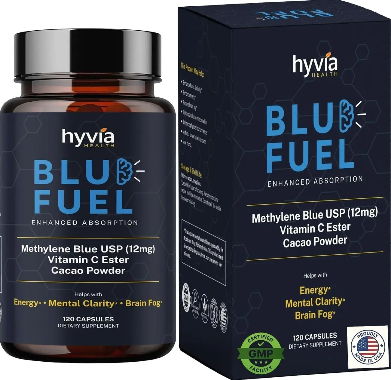 Methylene Blue Capsules - USP Pharmaceutical Grade Supplement For Humans - 120ct w/ Added Vitamin C For Enhanced Absorption - Helps Support Cognitive Energy, Brain Fog, & Mental Clarity | Made In USA
