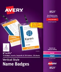 Avery Customizable Name Badges, 6" x 4.25", Printable Name Tag Inserts with Tickets, 75 Vertical Name Tag Holders with Lanyards (8521)