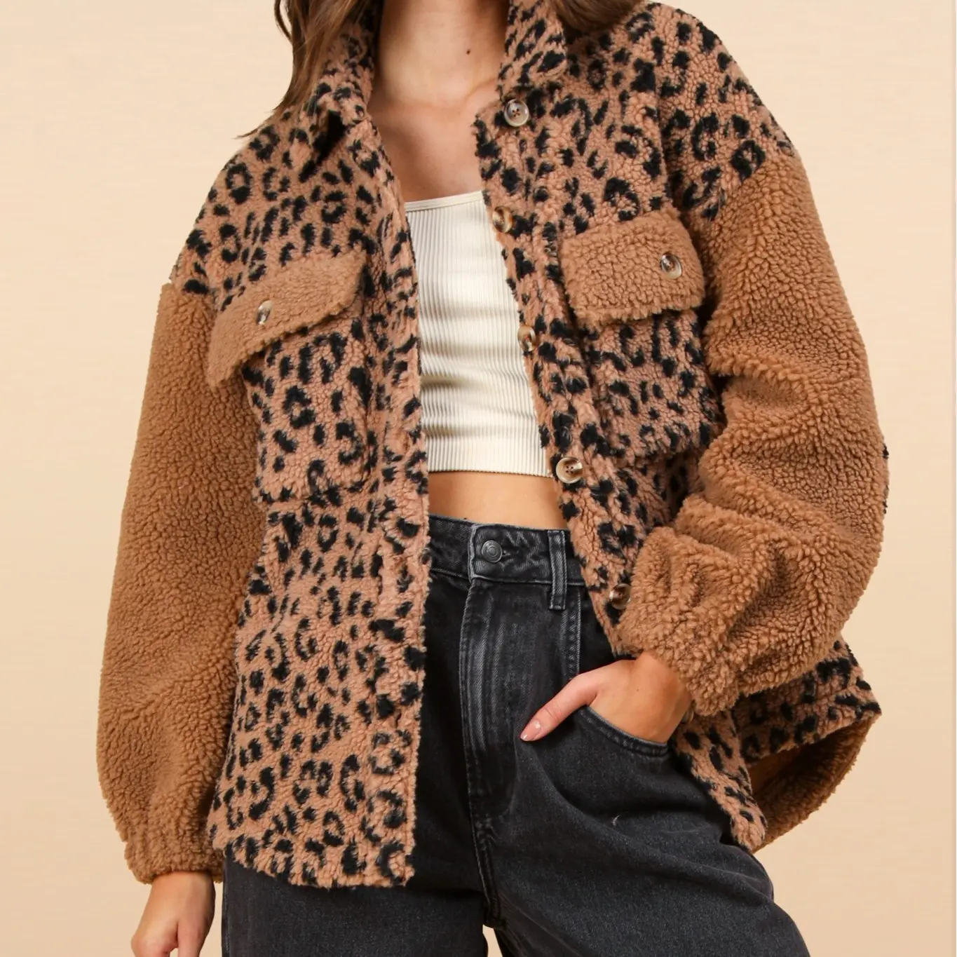 Wild Heart Fleece Shacket - Leopard Sherpa Shacket Soft Comfort Oversized S-3X with Front Pockets & Drop Shoulder Design