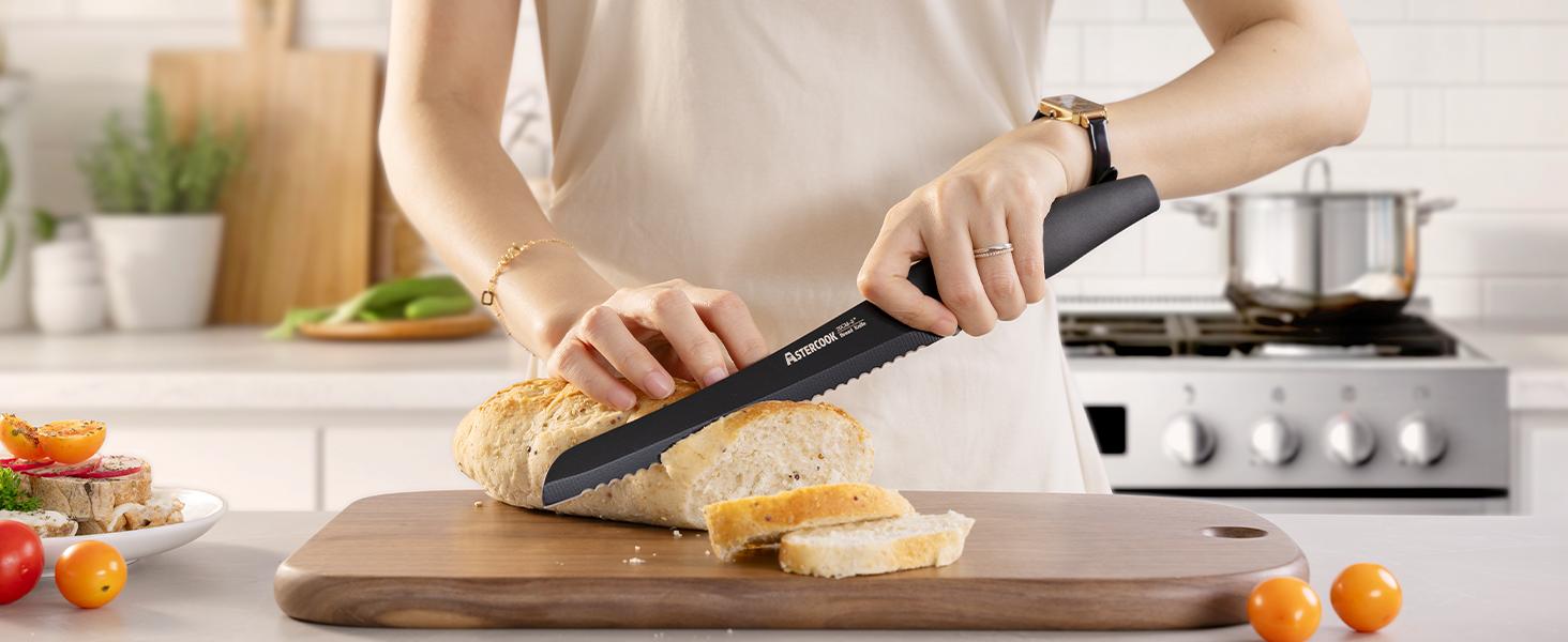 Astercook Kitchen Knife Set with Block, 17 PCS High Carbon Stainless Steel Sharp Serrated Steak Knives Set, Chef Knives, Bread Knife, knives  set