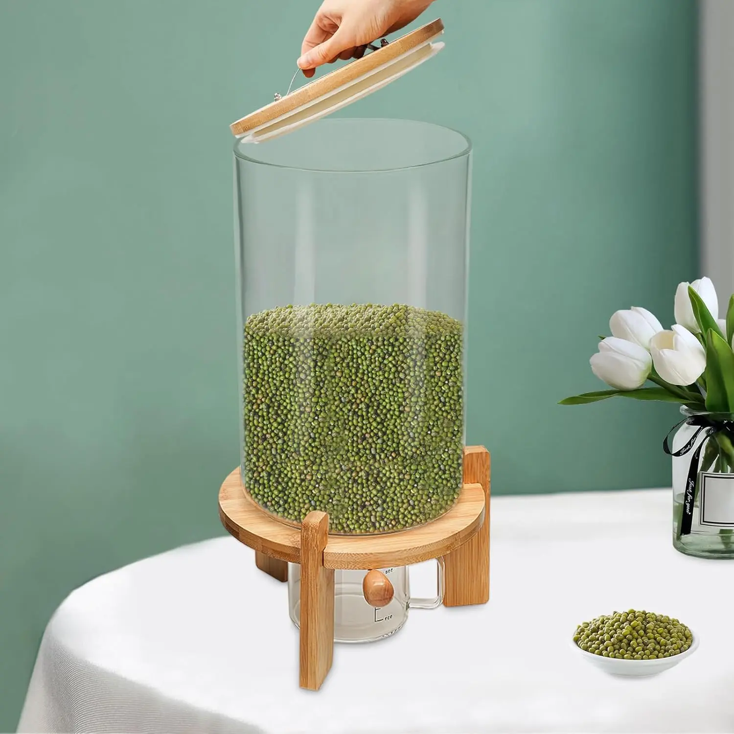 7.5L Airtight Stainless Glass Rice Dispenser with Bamboo-Wooden Stand, Valve, Cup, Lid, Wide Mouth (20cm Caliber), 45cm High Storage Organization Container, Sealed Fresh, Easy to Fill and Clean for Grain/Flour