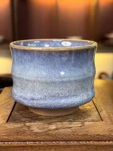 Handcrafted Bamboo-Shaped Blue Glaze Tea Cup – Jun Kiln Speckled Texture | Chinese Kung Fu Ceramic Teacup