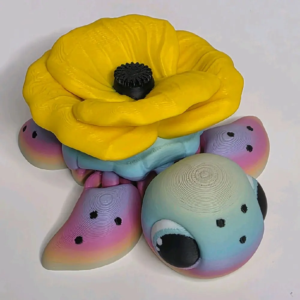 3D Printed Rainbow Turtle with Yellow Poppy Flower - Unique Decorative Figurine
