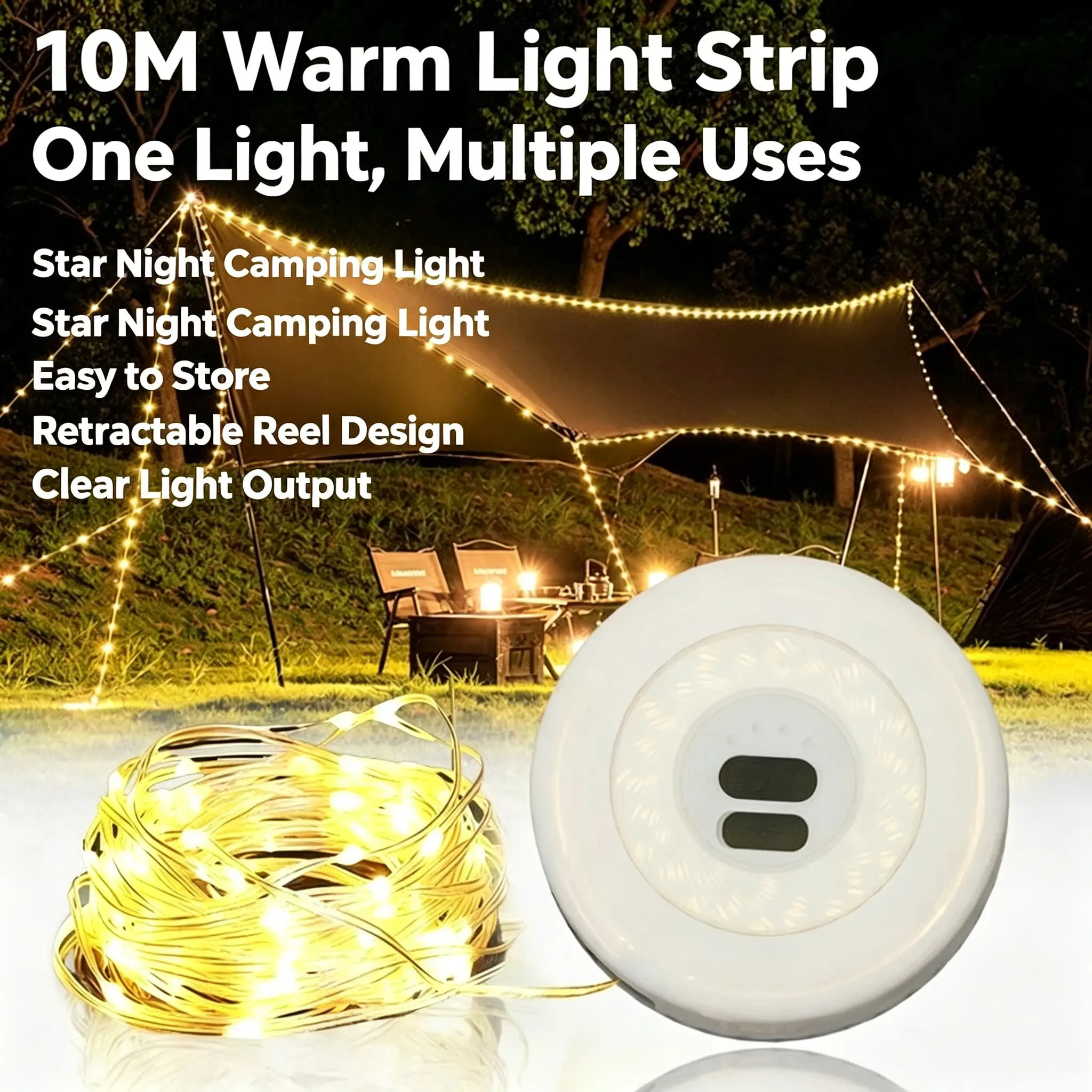Recoil Reel 2-in-1 Portable Camping Lantern with 10M Waterproof LED Fairy Light Strips, Multi Lighting Modes, Long-Lasting Rechargeable Outdoor Decor Light for Tent, Yard, Picnic