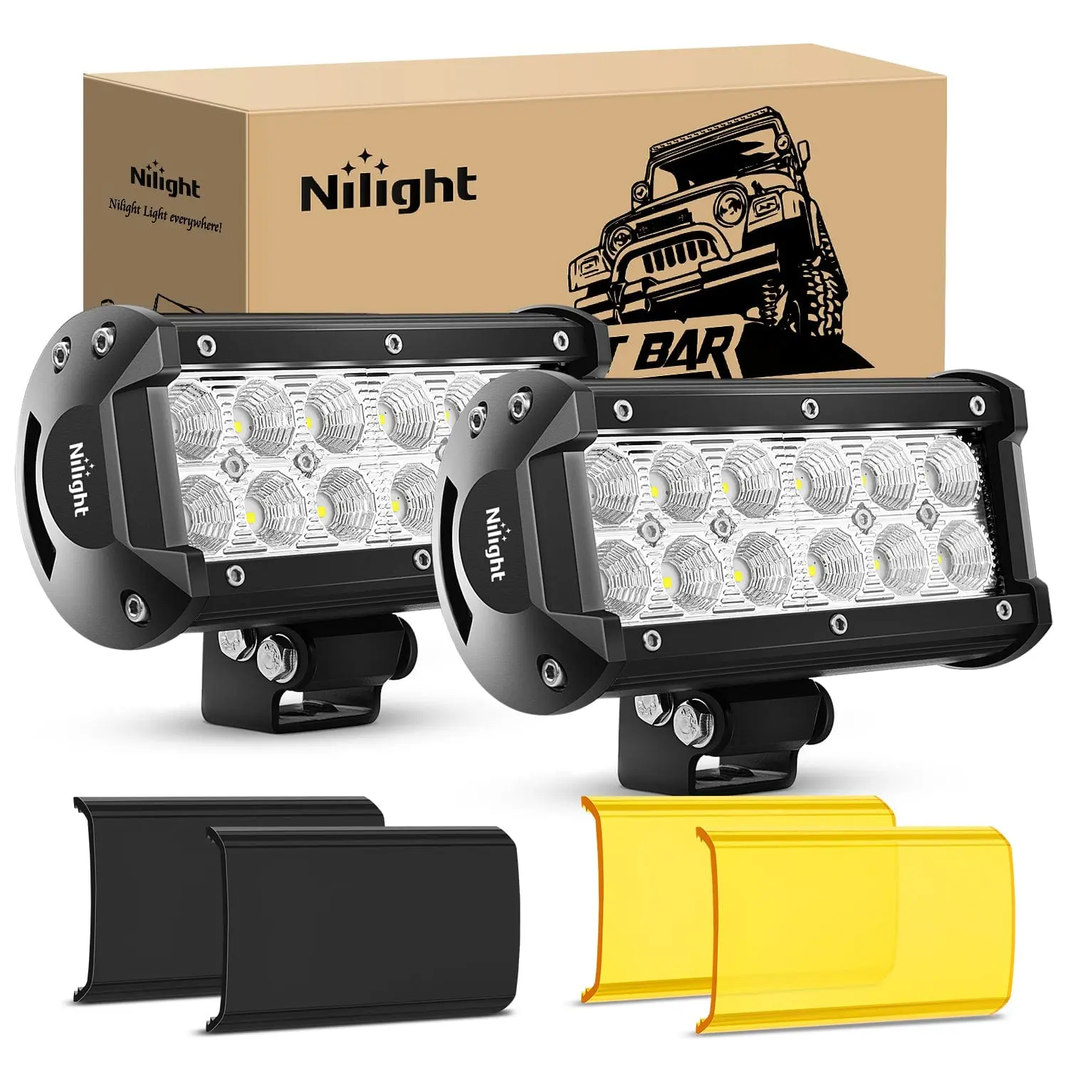 Nilight 6.5 Inch 36W Double Row Flood LED Light Bars (Pair) - 1260LM/PC, Aluminum Construction, Amber/Black Optional Light Covers, Bracket Mount, Better Heat Dissipation, 9-30V DC, for Jeeps, Off-Road Vehicles, Illumination, Construction Lighting
