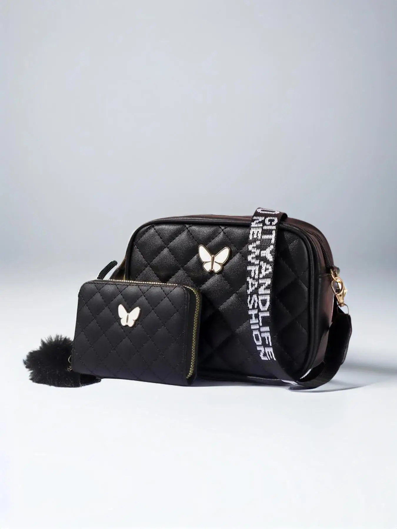 Women's Fashion Simple Plain Rhombus Quilted Designer Crossbody Purse Bag, with Butterfly Decor and Lightweight Small Square Bag with Pom Pom Decor, C