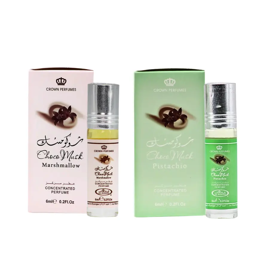 Al Rehab Choco Musk Perfume Oil Set, Marshmallow & Pistachio 2-Pack, Long-Lasting Roll-On Unisex Fragrance for Layering with a Sweet Cozy Finish, Alcohol-Free, 0.67 fl oz Each, Unisex Fragrances, Adults