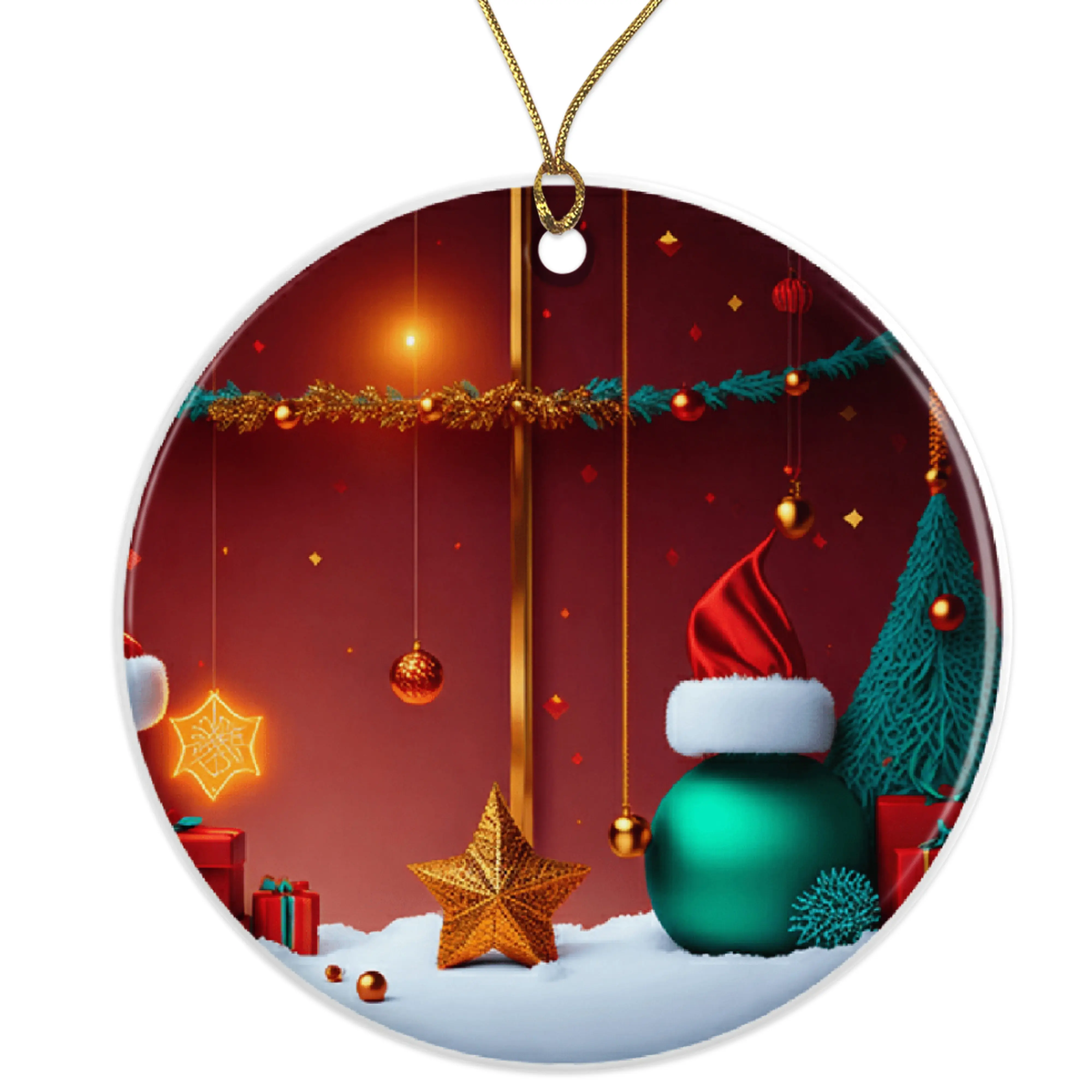 Festive Christmas Ornament - Holiday Decor - Santa Hat & Star Ornament - Perfect Holiday Gift - Decorative Hanging Tree Ornament Ceramic Ornament - 3 Inch Christmas Tree Round Ornament - Xmas Holiday Decor - String Included - ORNW0237