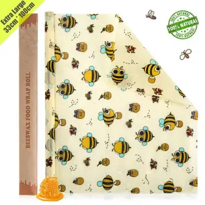 Reusable Beeswax Food Storage Wraps - Organic Cut-to-Size Bee Pattern Roll, Customizable Bowl & Sandwich Covers
