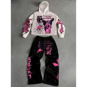 Tiktok Trending Y2K Pattern Two-Piece Set, Angel & Cross Print Short Hoodie and Loose Pants, Casual Home Wear for Daily & Party