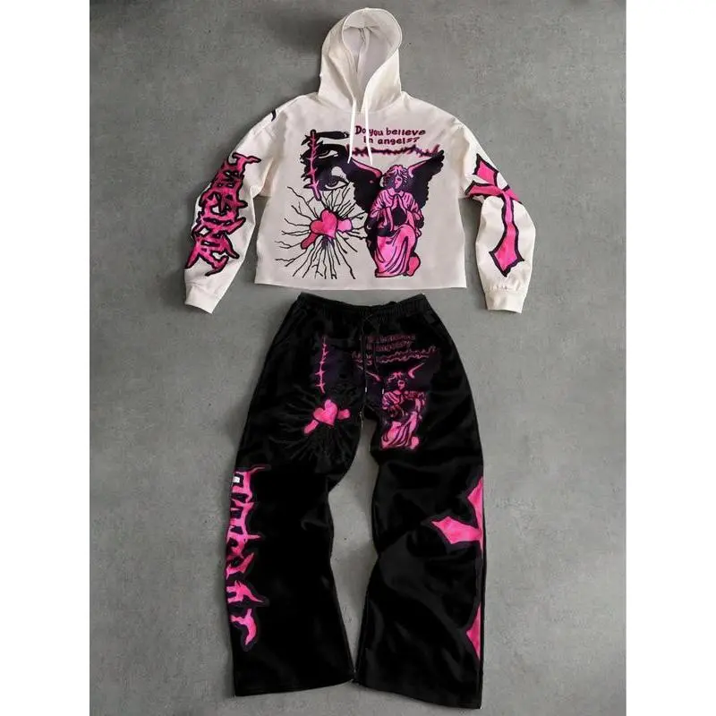 Two piece pattern set, angel and cross print short hoodie and loose pants, daily and party casual home wear Two piece pattern set, angel and cross print short hoodie and loose pants, daily and party casual home wear