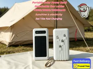 Large Capacity Solar Panel Power Bank, 10000/20000/30000mAh 5V2A Fast Charging, Ultra-bright LED Light, Built-in 4 Cables, Dual USB Port Output, USB-C Input, Portable Rechargeable Charger for Smartphone, Outdoor Travel Battery Pack