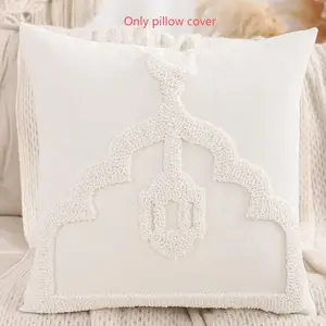 1Pc Ramadan Pillow Cover New Moon Star Lantern Embroidered Canvas, Islamic Muslim Living Room Sofa Decoration, Modern Style Gift