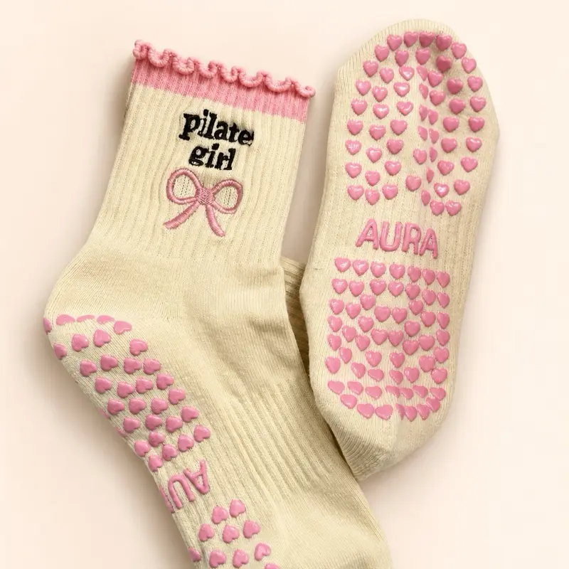 Aura Bonita Non-Slip Grip Socks for Pilates, Yoga, Barre (Pilates Girl Style)