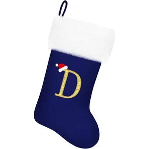 20 Inches Blue Velvet Christmas Stockings with White Super Soft Plush Cuff, Personalized Embroidered Monogram Letter Stockings for Family Holiday Xmas Tree Fireplace Decorations