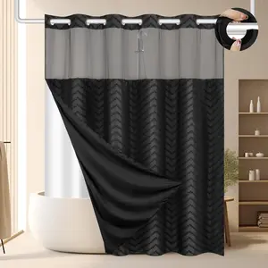 Waterproof Washable Fabric No Hook Shower Curtain & Liner Set, Black Ringless Chevron Tufted Bath Curtain with See Through Top Window for Bathroom Hotel, 71" x 74"