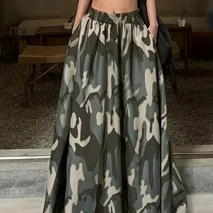 Women's Camouflage Print High Waist Long Skirt - Flowy Camouflage Pattern Skirt with Elastic Waistband, Suitable for Casual Wear in All Seasons, Machine Washable Polyester Fiber, High Waist Design outfits skirts skirts