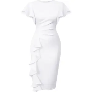 Women's Vintage Church Ruffle Sleeve Ruched Bodycon Work Midi Pencil Dress
