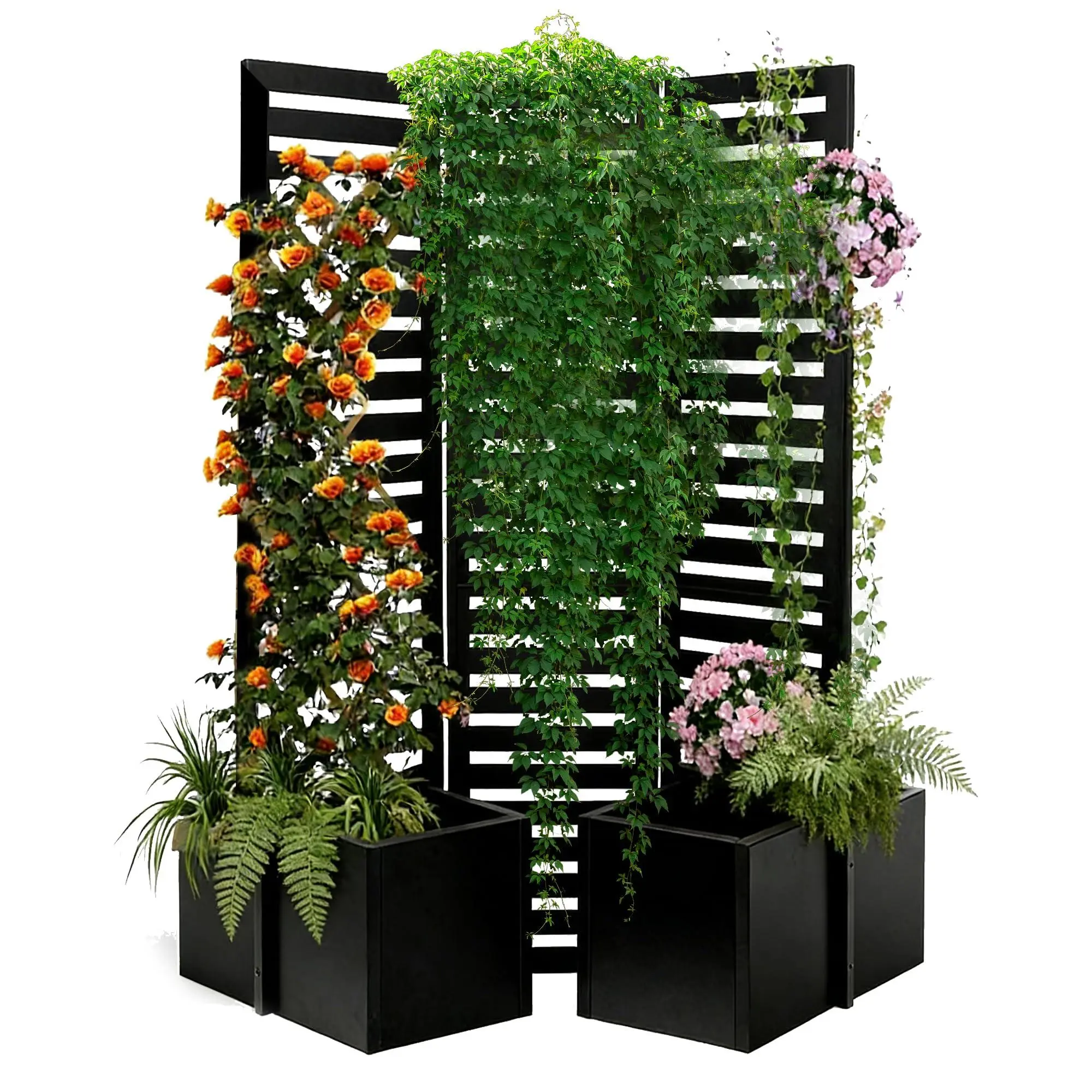 Black Freestanding 3-Panel Metal Privacy Divider, Foldable Hinged Garden Screen with 4 Raised Planter Boxes and Trellis, Rust-Resistant Weatherproof for Patio Backyard