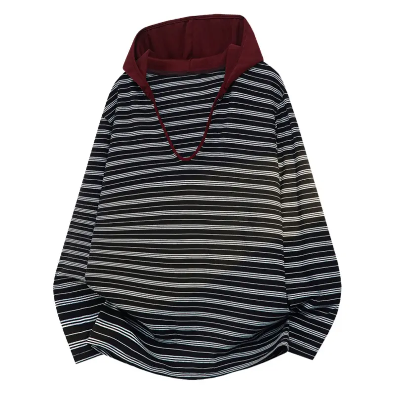 Men's Color Contrast Hooded Striped Longsleeve Sweatshirt - Drawstring Hood, Retro Horizontal Stripe Fabric, Loose Casual Pullover, Stylish Breathable Menswear for Autumn Daily Outfits, Multiple Colors Available