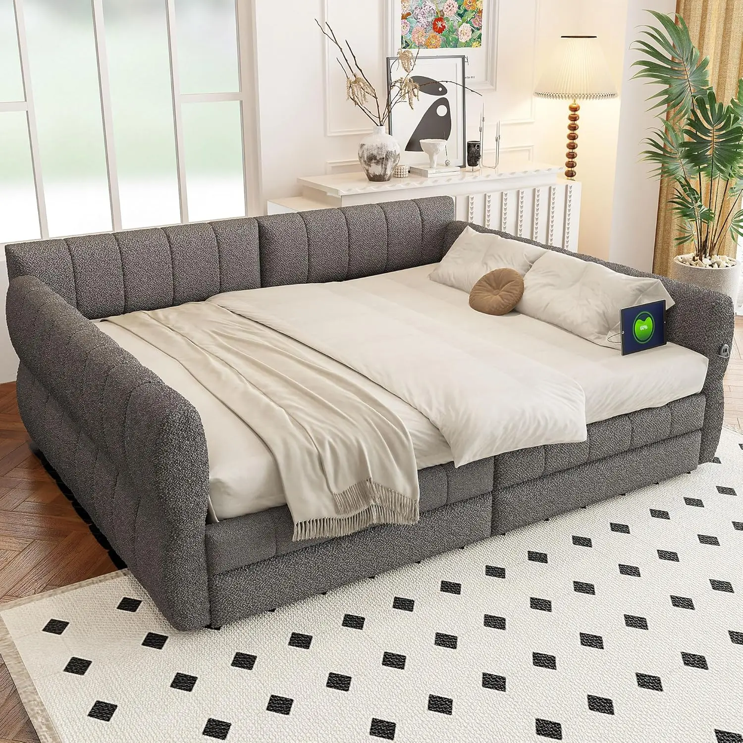 Upholstered Queen Daybed Frame with Channel Tufted Backrest & Armrest, Built-in Storage Drawers & USB Charging Ports, No Box Spring Required Sofa Daybed for Living Room & Guest Room(Gray)