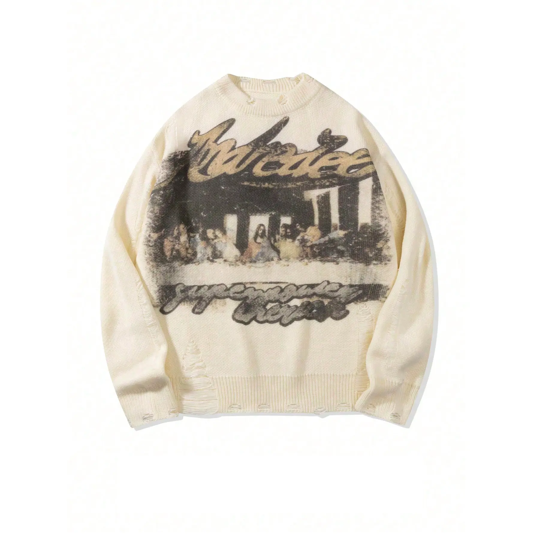 Unisex crewneck knit pullover sweater with classic artwork print; relaxed drop-shoulder fit; American high-street art style; trendy streetwear suitable for everyday outings (shipped from the Lenexa warehouse); men’s fashion top. soft warm comfort