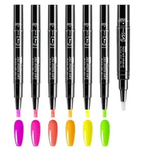 2-Step Gel Nail Polish Pens Set - 6 Fluorescent Colors with Nail Art Stickers, No Wipe Top Coat, Quick Dry DIY Manicure Kit for Beginners, Women and Kids (Requires UV/LED Lamp)