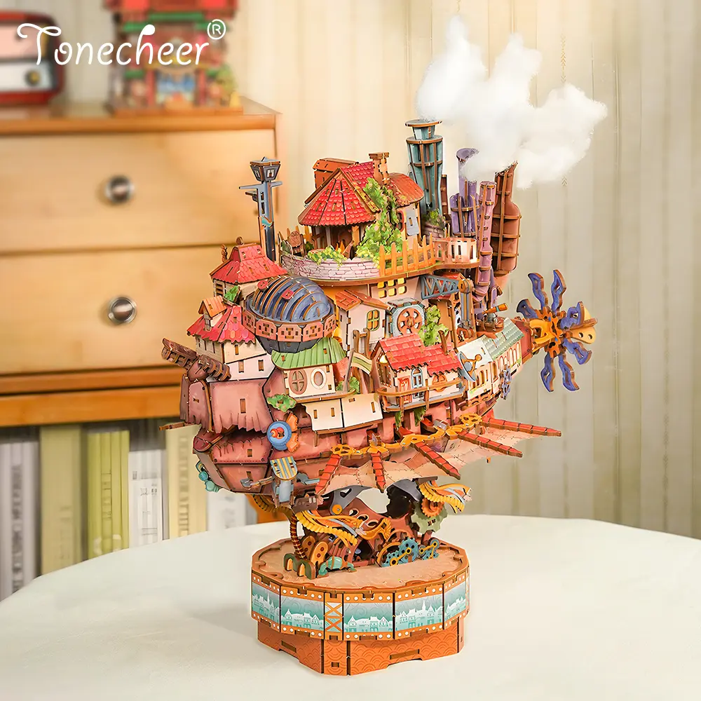 （pre-sale）TONECHEER Expert DIY 3D Puzzle Mechanical Art Fantasy Theme Transmission Model Kit - Walking Castle, 13+ Ages, 20 Warm LED Bulbs, Built-in Music Box, Touch Control, Detachable House, Collectible Display, Type-C, No Glue Included