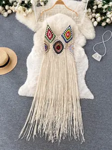 Women's Crochet Hollow Out Fringe Beach Cover-Up Dress, Colorblock Bikini Pair, Spring Vacation Island Style, Summer Travel Fashion, Crochet Bikini Coverups
