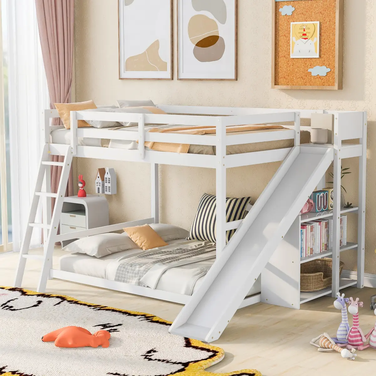 Pine Wood Modern Space-Saving Full Bunk Bed with Ladder, Slide, Shelves, 14 Storage Components, 175lb Weight Capacity, 95.5''L*76.7''W*58.3''H White Indoor Furniture
