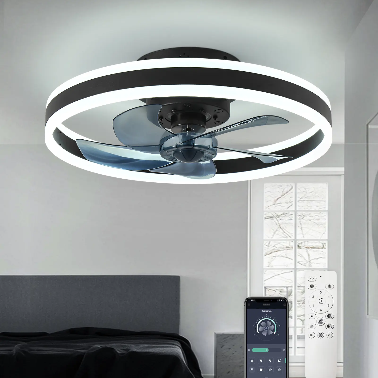 Low Profile Ceiling fan with Light - Modern Flush Mount Enclosed 19.7" LED Dimmable Bladeless Ceiling Fans with Remote Control,Smart 3 Light Color and 6 speeds(Black)
