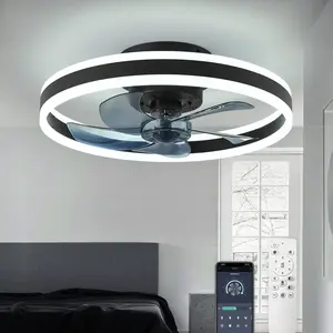 Low Profile Ceiling fan with Light - Modern Flush Mount Enclosed 19.7" LED Dimmable Bladeless Ceiling Fans with Remote Control,Smart 3 Light Color and 6 speeds(Black)