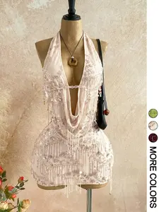 Women's Halter Sleeveless Sequin Fringe Crop Top and Mini Skirt Set Mesh Sheer Two Piece Outfit Y2K Party Nightclub Rave 2026