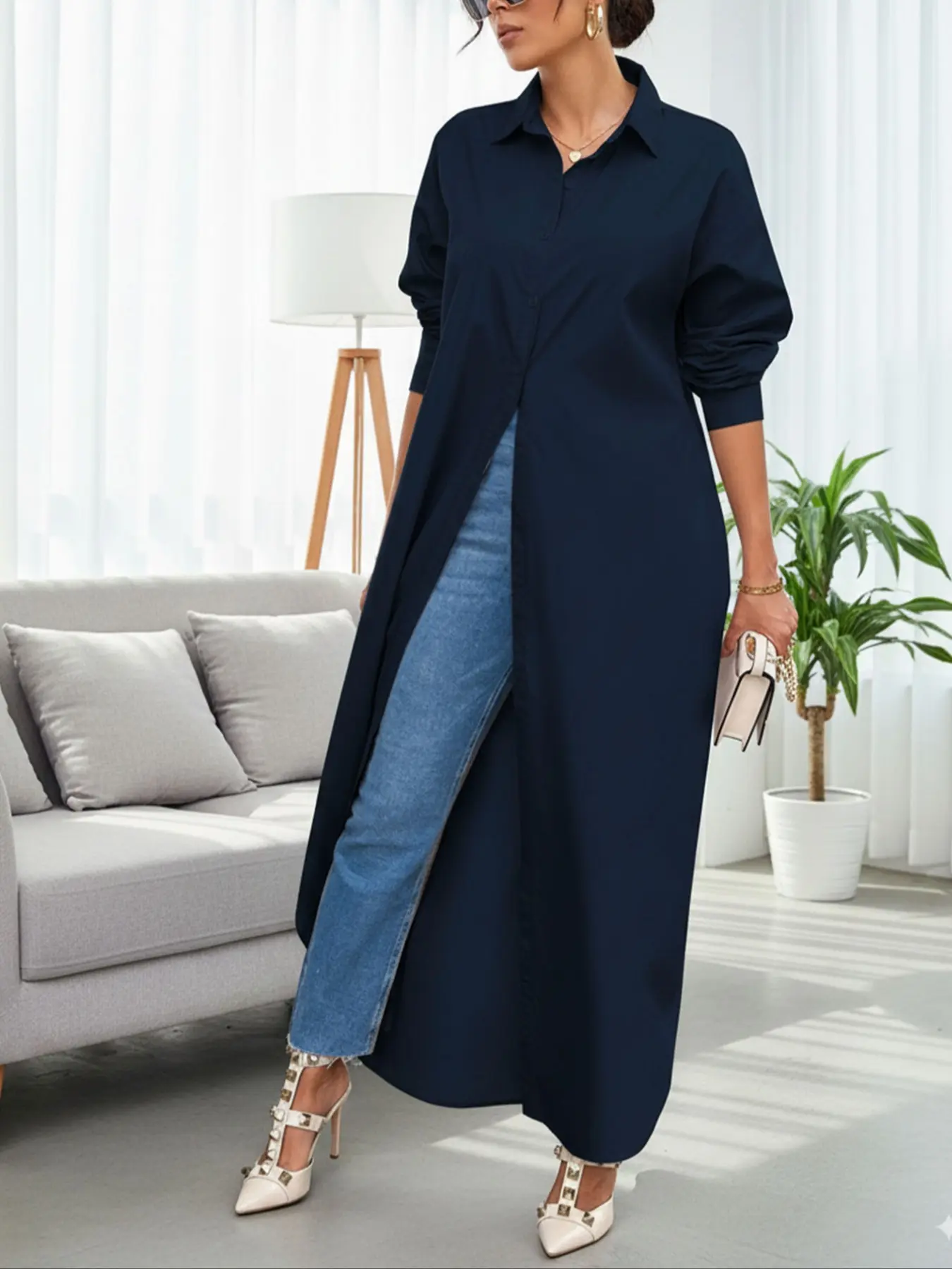 Plus Size Long Sleeve Woven Fabric Fitted Shirt Dress for Women Womenswear  Casual Button Down Split Slit Maxi Top, Perfect for Layered Streetwear  Outfits - TikTok Shop