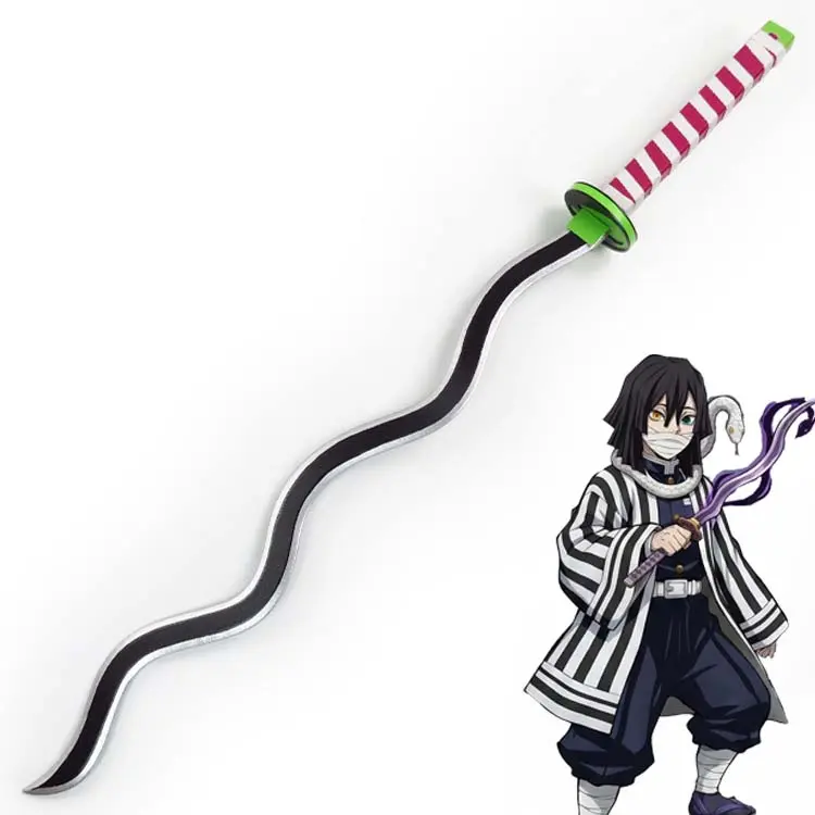 Kimetsu No Yaiba Obanai Iguro Anime Cosplay Accessory, Full-Size Lightweight Wavy Serpent-Inspired Design with Pink-White Striped Handle, Green Decorative Detail and Matching Sheath, Display Prop for Costumes, Photoshoots, Conventions and Anime Fans