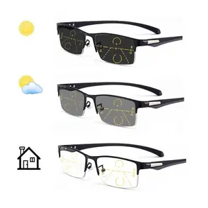1 pair of fashionable casual photochromic color‑changing progressive multifocal reading glasses, rectangular design, TR temples, ultra‑elastic non‑pinch fit, metal hinges, strength from +1.00 to +4.00 diopters