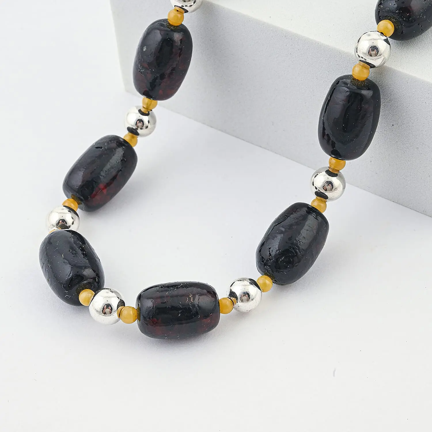 Black and Oslo Amber Beaded Necklace in Sterling Silver 22 Inches