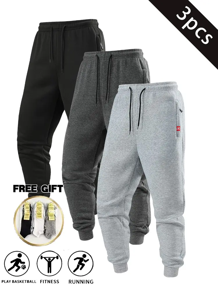 3PCS Men’s Autumn/Winter Lightweight Fleece Jogger Casual Pants, featuring an adjustable drawstring and side pockets, suitable for wearing at the gym, running, training, and casual occasions. A must-have for autumn and winter