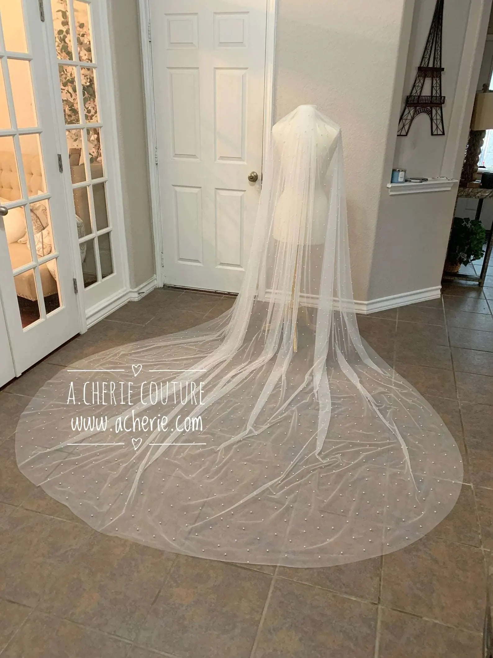 Bridal Cathedral Veil with Scattered Pearl Beading, 115 x 110 Inch Long Wide Tulle Fabric with Comb, Long Length, Made To Order, 110 Inches Long