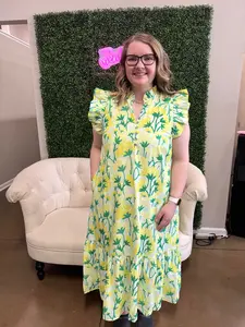 Entro Green Floral Ruffle Sleeve Maxi with Pockets S-2X