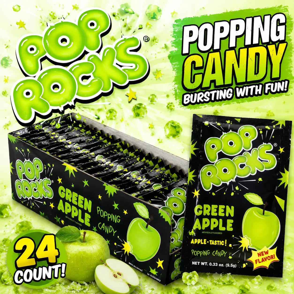 Pop Rocks Green Apple Popping Candy 24 Count  Fizzy Candy Crystals | Classic Popping Candy Treats for Parties, Gifts & Fun Snacks