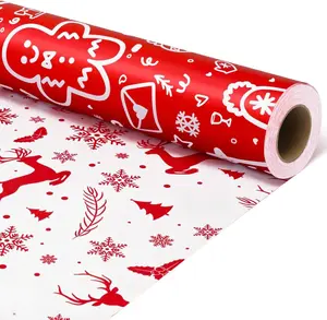 Reversible Christmas Wrapping Paper, Santa Gift Wrapping Paper Roll, Red White Reindeer and Snowflake Wrapping Paper for New Year, Holiday, Party, 17 Inch X 32.8 Feet