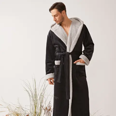 DAVID ARCHY Menswear Long-Sleeve Coral Robe - Full-Length Satin Fleece Plush, Smooth Soft Plain Wrap Bathrobe with Pockets, Comfortable Men's Sleepwear & Loungewear