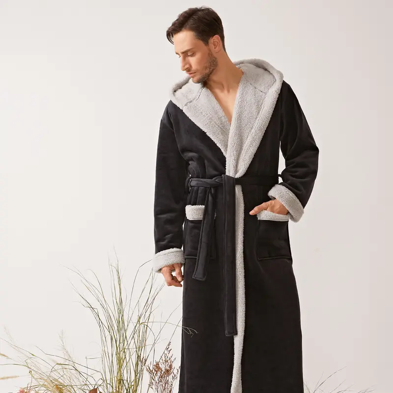 DAVID ARCHY Menswear Long-Sleeve Coral Robe - Full-Length Satin Fleece Plush, Smooth Soft Plain Wrap Bathrobe with Pockets, Comfortable Men's Sleepwear & Loungewear