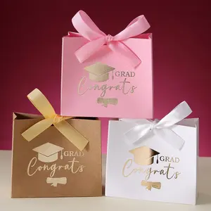 Graduation Party Candy Boxes, Congrats Grad Candy Box with Cap and Scroll Print, 4 Color Ribbon, Ideal for High School, University, Kindergarten