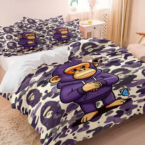 BAPE Light Purple Camouflage Duvet Cover Set, 1 Duvet Cover & 1-2 Pillowcases, Pure Purple Hooded Ape & Butterfly Decor, Soft Comfortable Bedding, Street Fashion Cool Bedroom Decor, Gift for Streetwear Enthusiast